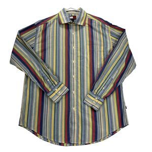 VTG Tommy Hilfiger Mens Shirt L Striped‎ Long Sleeve Button Up Y2K Color Block